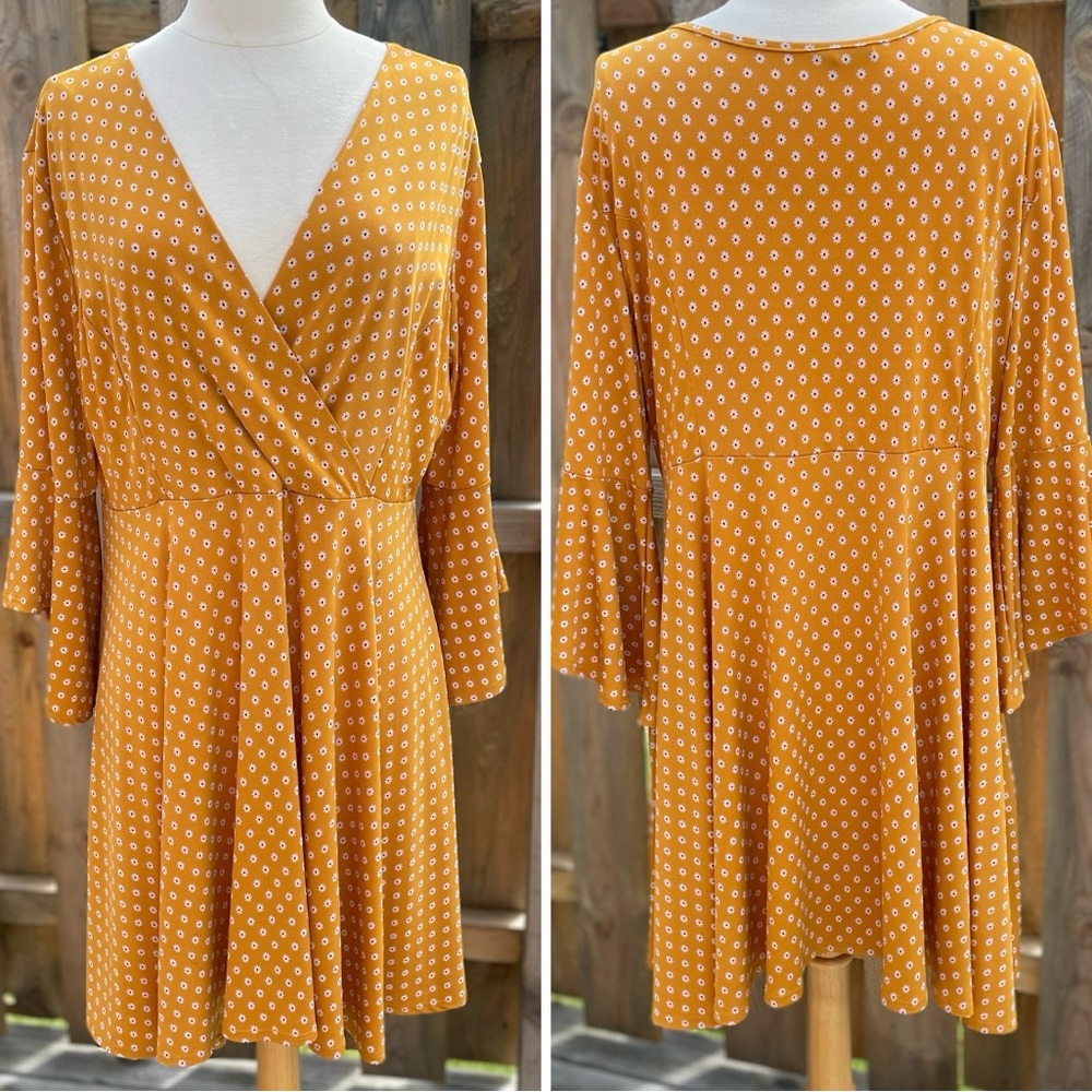 Vision USA Mustard with Black and White Floral Design Stretchy Summer Dress 1X